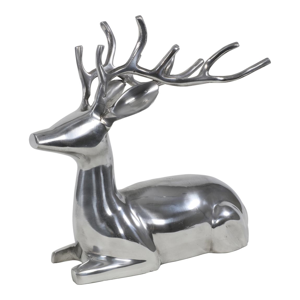 Beeld liggend hert aluminium kleur zilver 30 cm hoog